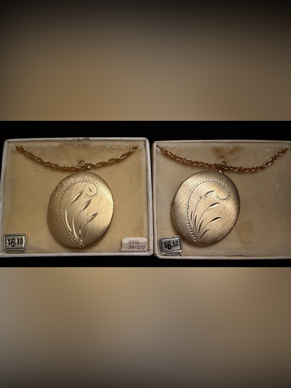 Vintage Mid Century Etched Round Locket Necklaces Set